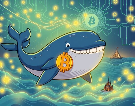 A cartoon whale carrying Bitcoin in a vibrant digital ocean, illustrating a major Bitcoin whale transfer from an exchange.