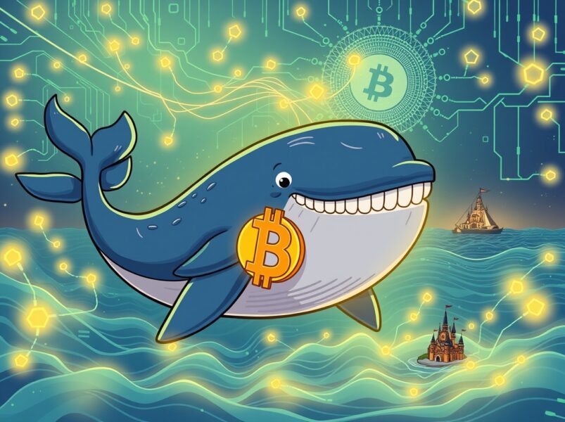 A cartoon whale carrying Bitcoin in a vibrant digital ocean, illustrating a major Bitcoin whale transfer from an exchange.