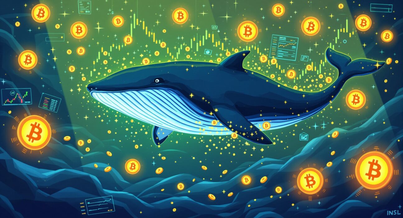 A cartoon whale moving a large sum of Bitcoin, symbolizing a significant Bitcoin whale transfer and its potential market implications.