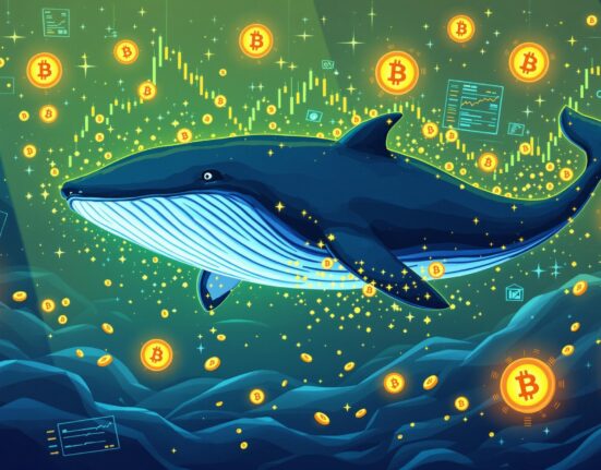 A cartoon whale moving a large sum of Bitcoin, symbolizing a significant Bitcoin whale transfer and its potential market implications.