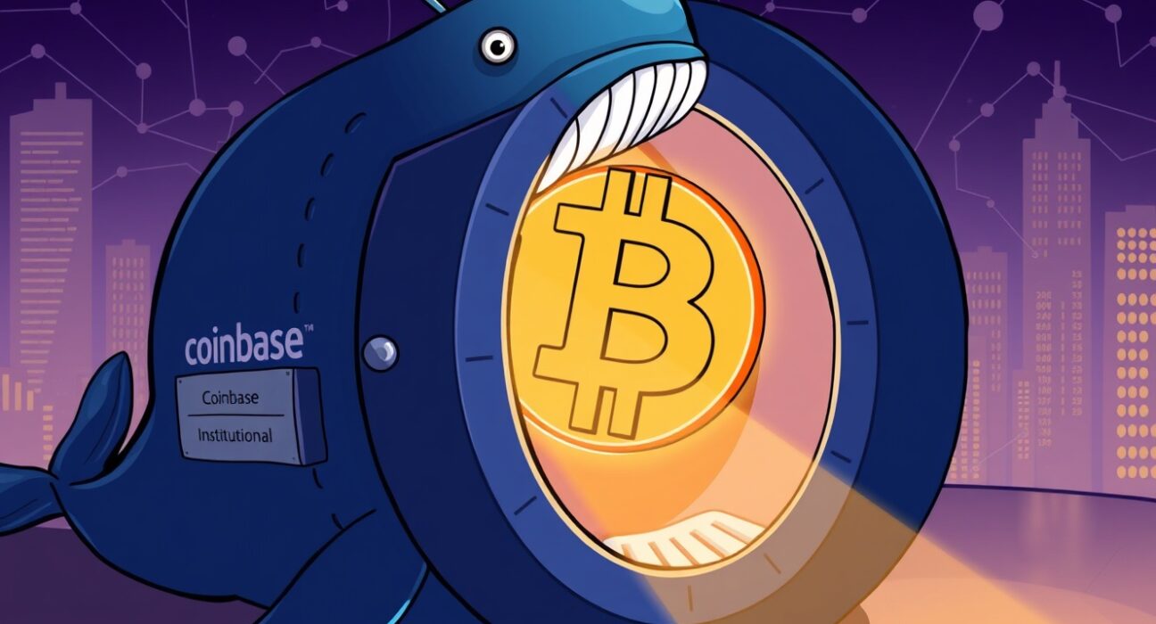 A cartoon image showing a significant Bitcoin whale transfer of 2,491 BTC from Coinbase Institutional to an unknown wallet.