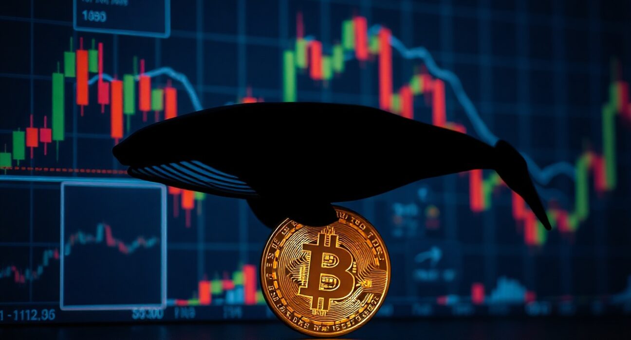 Digital whale silhouette over Bitcoin with trading charts in background