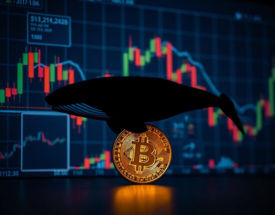 Digital whale silhouette over Bitcoin with trading charts in background