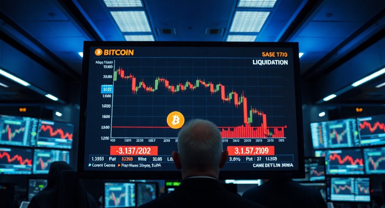 Bitcoin price chart on a trading screen with a red downtrend and liquidation price highlighted