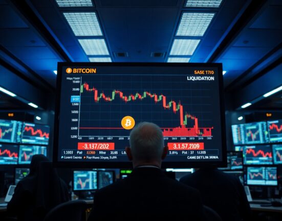 Bitcoin price chart on a trading screen with a red downtrend and liquidation price highlighted