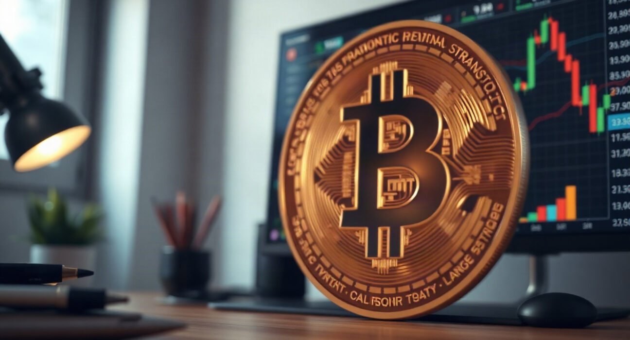 Bitcoin coin on a trading desk with charts in the background, representing whale activity.