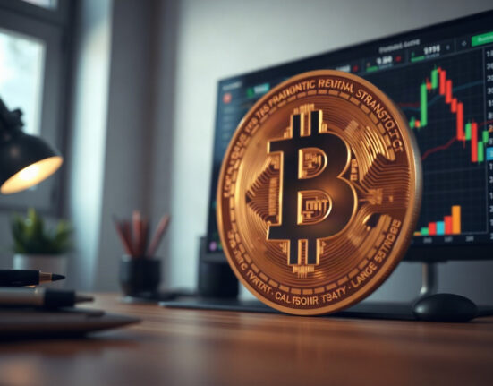 Bitcoin coin on a trading desk with charts in the background, representing whale activity.