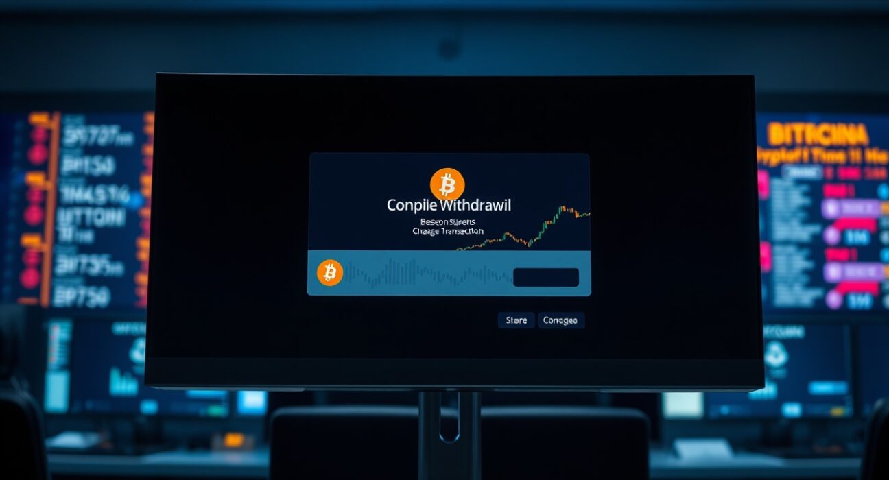 Bitcoin withdrawal confirmation on a monitor in a dark trading office, representing a large exchange outflow.
