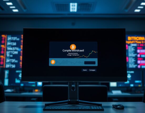 Bitcoin withdrawal confirmation on a monitor in a dark trading office, representing a large exchange outflow.