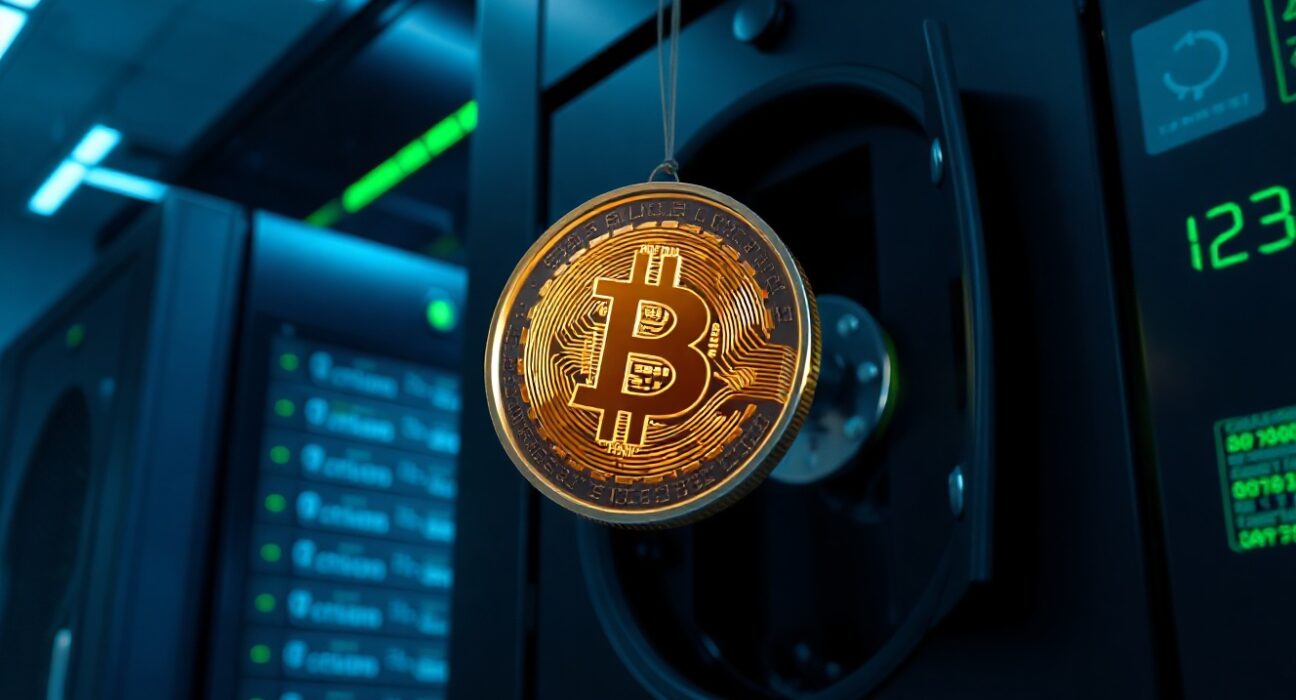 Bitcoin coin being withdrawn from a digital exchange into a secure vault, representing a large whale transfer.