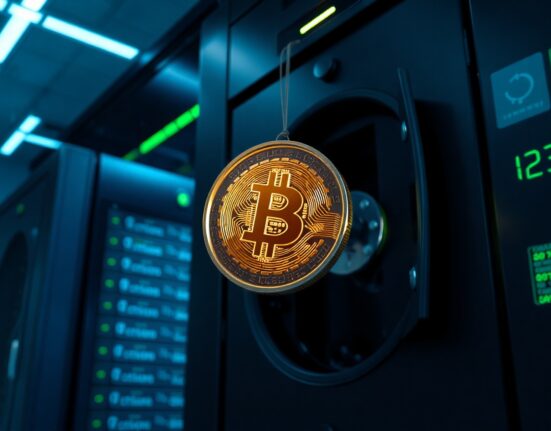 Bitcoin coin being withdrawn from a digital exchange into a secure vault, representing a large whale transfer.