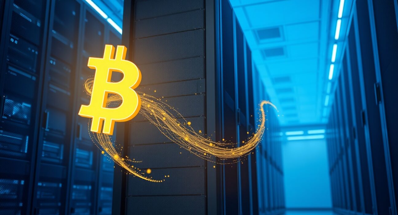 Conceptual image of a Bitcoin whale withdrawing digital assets from a major cryptocurrency exchange.