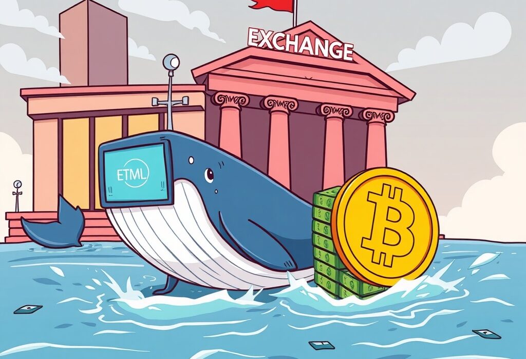 A cartoon whale representing a significant Bitcoin whale withdrawal from an exchange.