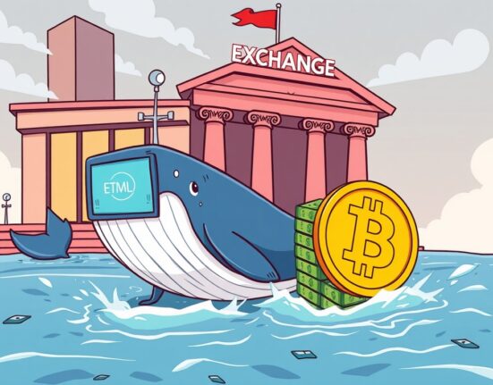 A cartoon whale representing a significant Bitcoin whale withdrawal from an exchange.