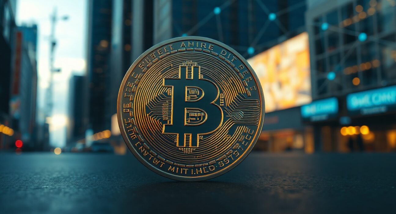 Bitcoin coin on reflective surface with network connections in background