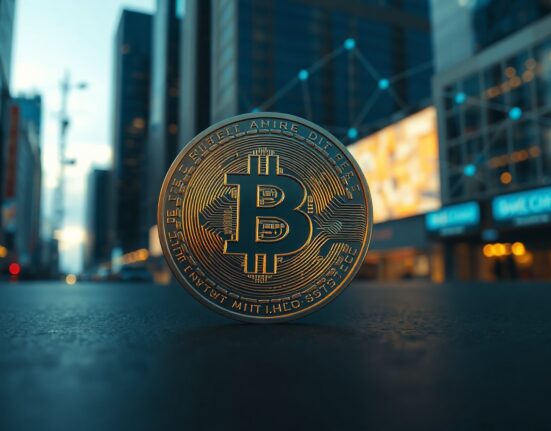 Bitcoin coin on reflective surface with network connections in background