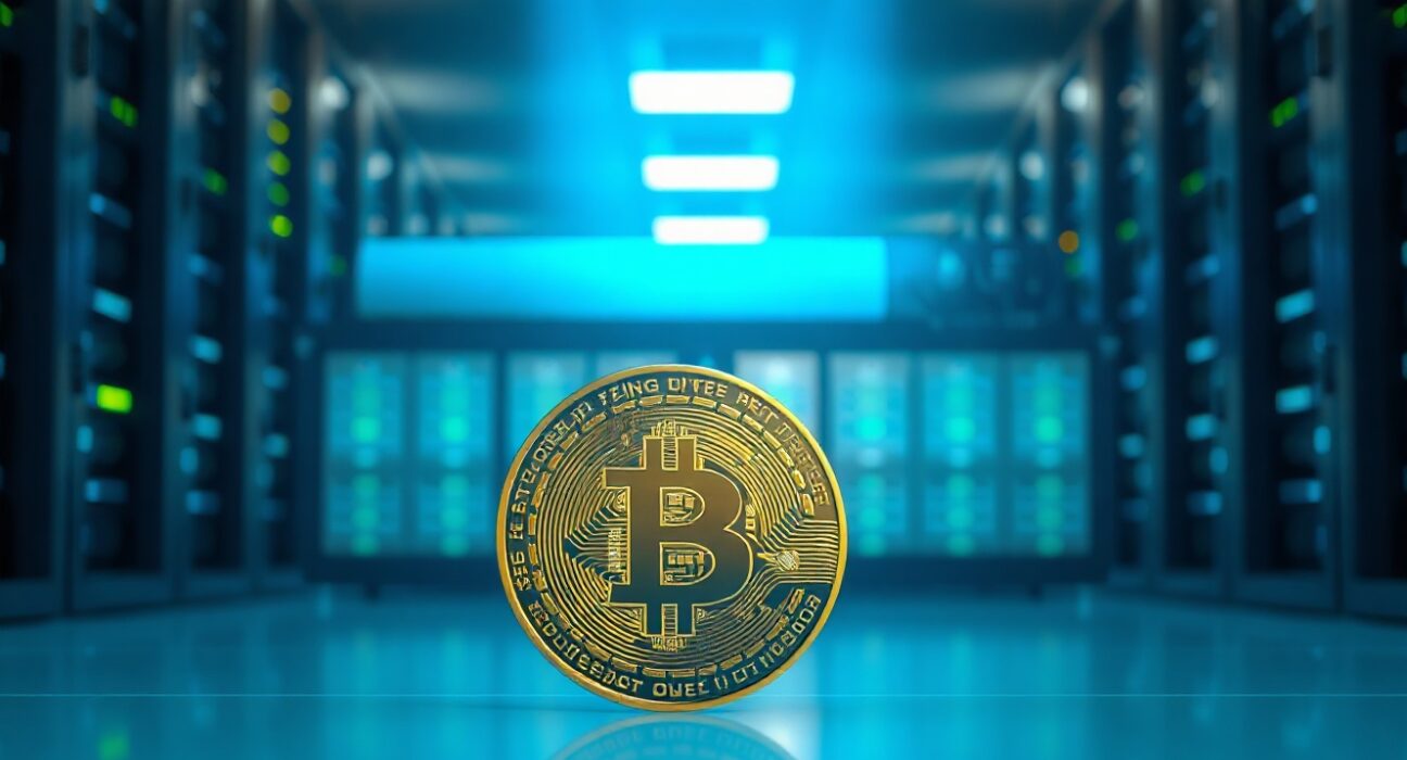 Bitcoin coin in front of a modern data center server room, representing cryptocurrency exchange flows and whale activity.