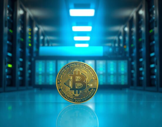 Bitcoin coin in front of a modern data center server room, representing cryptocurrency exchange flows and whale activity.