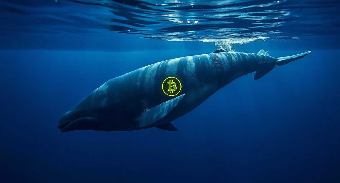 A whale swimming in deep blue ocean with a glowing Bitcoin symbol, representing Bitcoin whale accumulation.