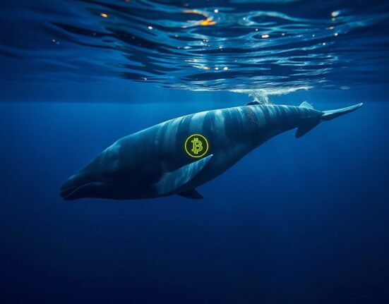 A whale swimming in deep blue ocean with a glowing Bitcoin symbol, representing Bitcoin whale accumulation.