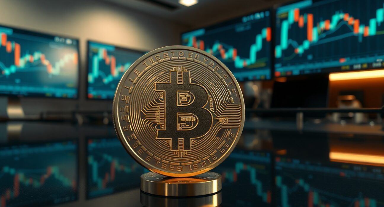 Bitcoin coin symbol on trading floor with market charts in background, representing whale accumulation