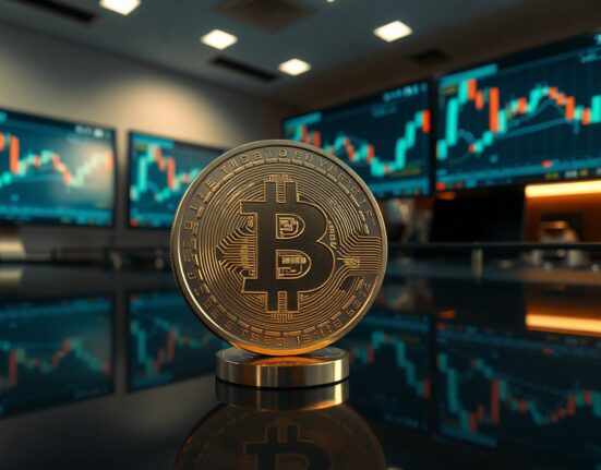 Bitcoin coin symbol on trading floor with market charts in background, representing whale accumulation