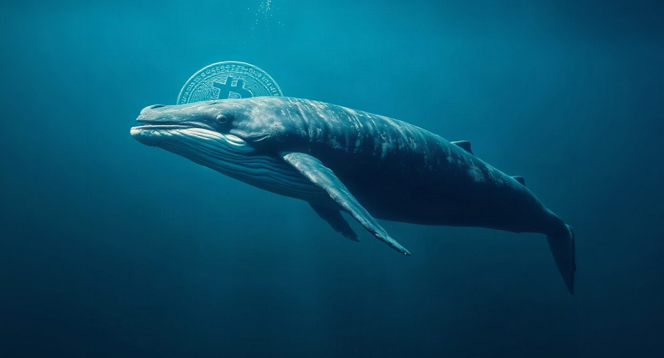 Bitcoin whale symbol swimming in the ocean, representing large-scale BTC accumulation