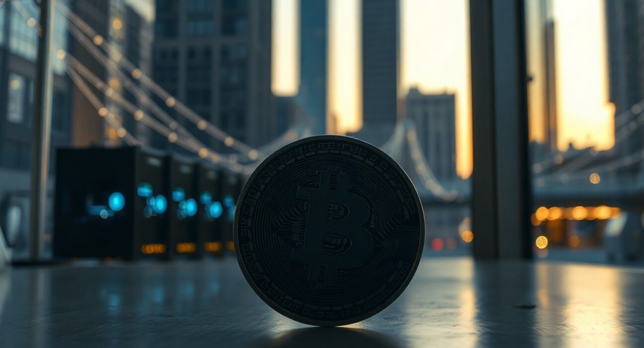 Bitcoin coin in foreground with blurred network connections and mining rigs in background