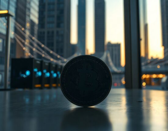 Bitcoin coin in foreground with blurred network connections and mining rigs in background