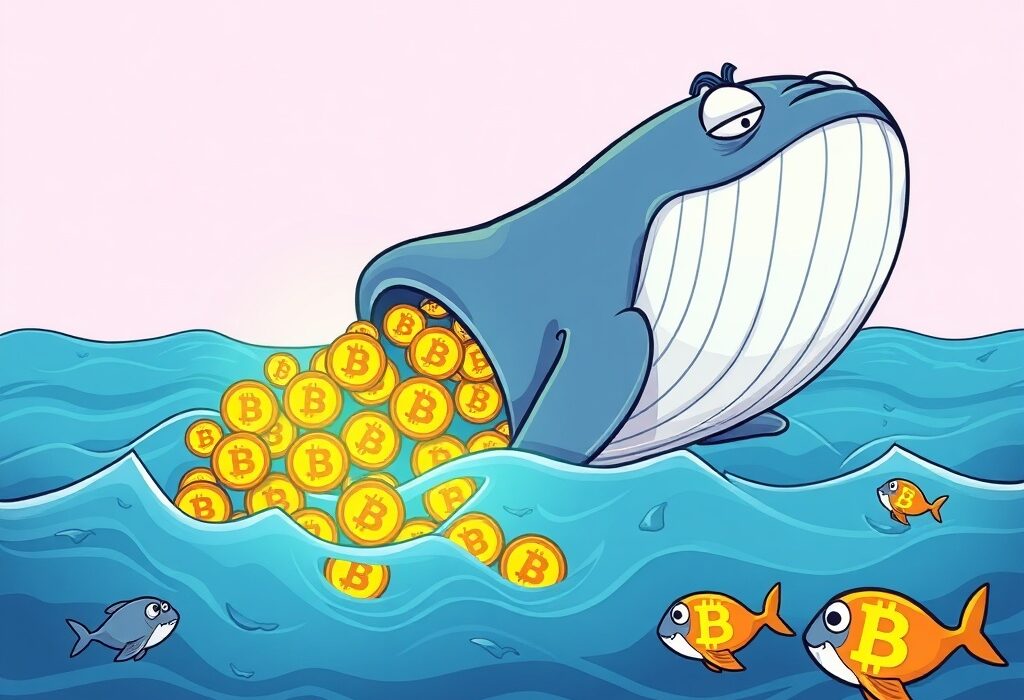 A cartoon whale strategically accumulating Bitcoin during a market dip, illustrating the significant activity of Bitcoin whales.