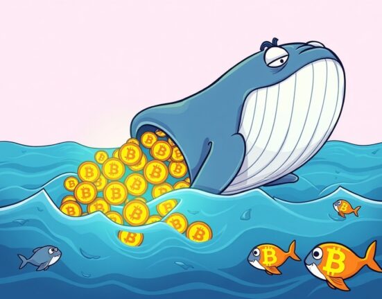 A cartoon whale strategically accumulating Bitcoin during a market dip, illustrating the significant activity of Bitcoin whales.
