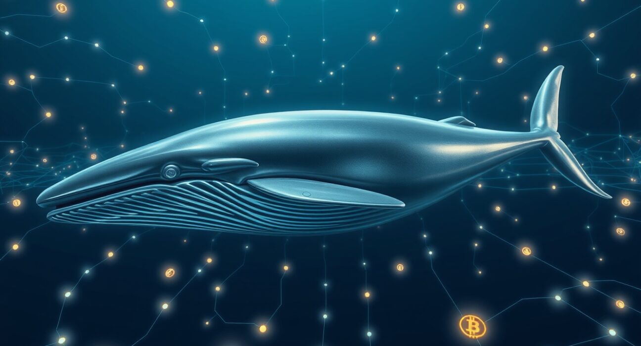 Bitcoin whale accumulation visualized as a metallic whale in a blockchain data ocean, representing large-scale BTC buying.