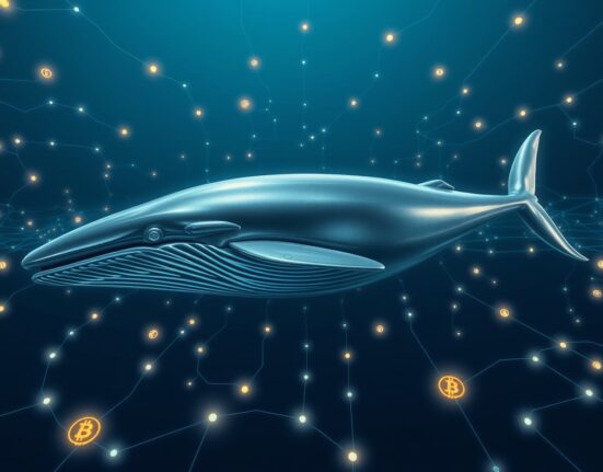 Bitcoin whale accumulation visualized as a metallic whale in a blockchain data ocean, representing large-scale BTC buying.