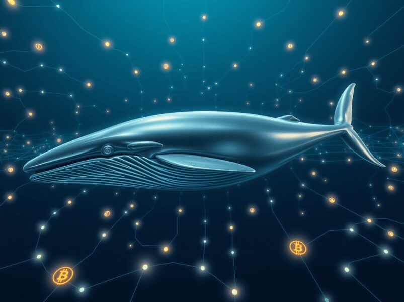 Bitcoin whale accumulation visualized as a metallic whale in a blockchain data ocean, representing large-scale BTC buying.