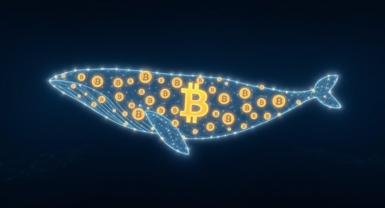 Bitcoin whale accumulation represented as a digital whale in a blockchain network.