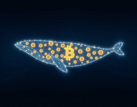Bitcoin whale accumulation represented as a digital whale in a blockchain network.