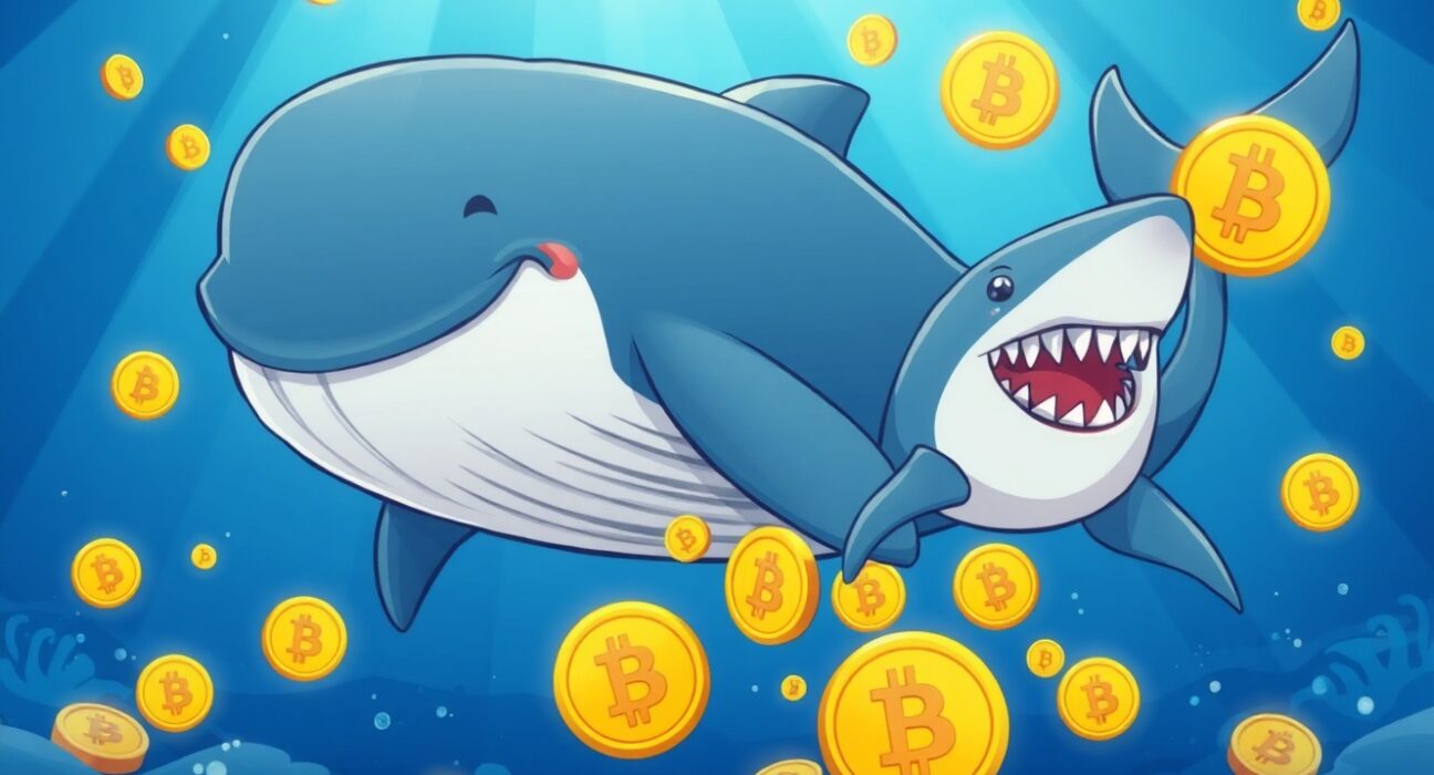 A cartoon illustration of Bitcoin whales and sharks accumulating digital gold coins in a vibrant ocean.