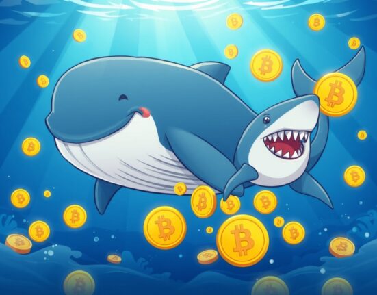 A cartoon illustration of Bitcoin whales and sharks accumulating digital gold coins in a vibrant ocean.