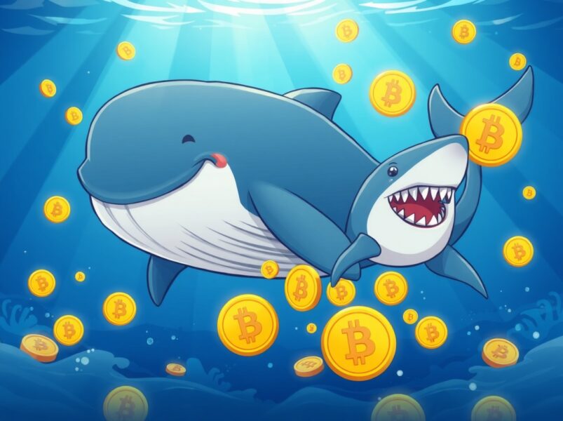 A cartoon illustration of Bitcoin whales and sharks accumulating digital gold coins in a vibrant ocean.