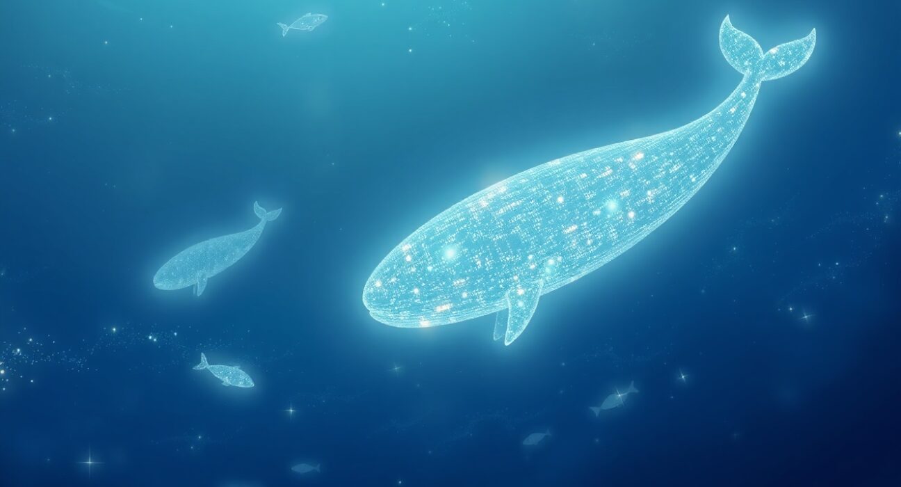 Bitcoin whales leading market accumulation while smaller investors exit, depicted as a serene digital ocean scene.