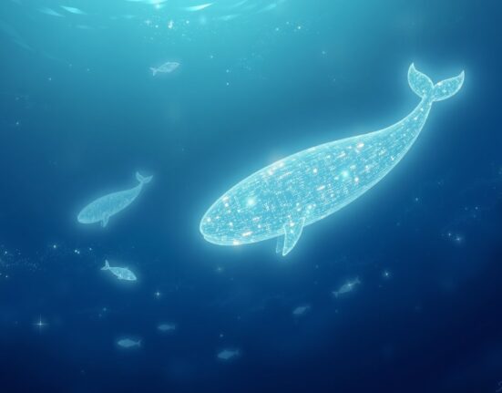Bitcoin whales leading market accumulation while smaller investors exit, depicted as a serene digital ocean scene.