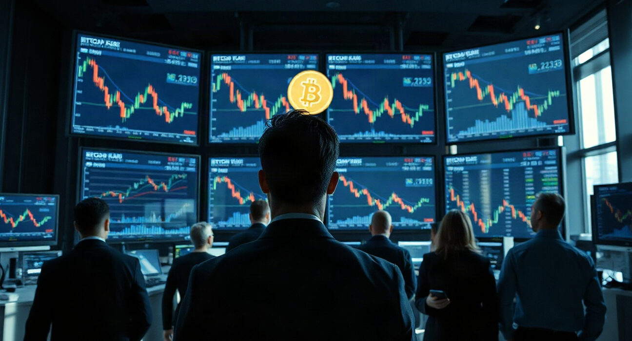 Traders monitoring Bitcoin price charts on screens in a modern trading floor