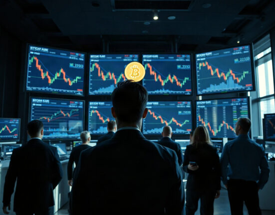 Traders monitoring Bitcoin price charts on screens in a modern trading floor
