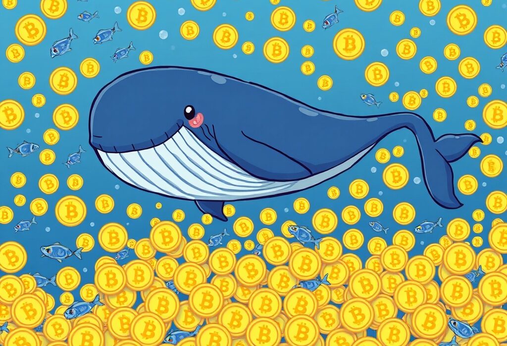 A cartoon whale swimming through Bitcoin coins, representing Bitcoin whales accumulating vast amounts of BTC and influencing the market.