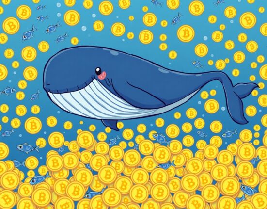 A cartoon whale swimming through Bitcoin coins, representing Bitcoin whales accumulating vast amounts of BTC and influencing the market.