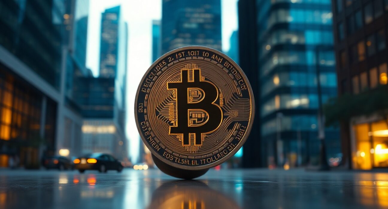 Bitcoin coin in financial district at dusk, symbolizing whale accumulation and market recovery.