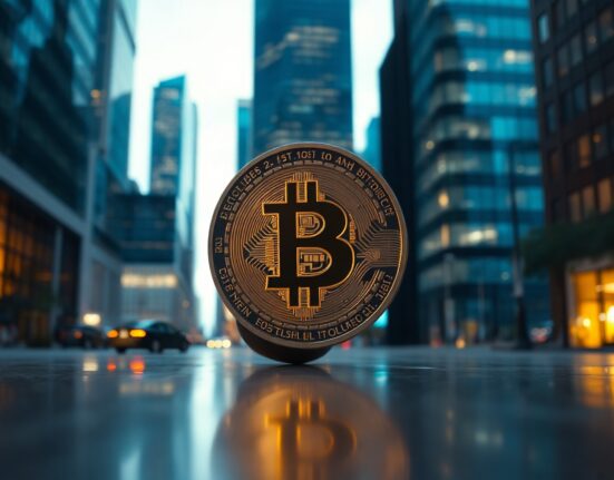 Bitcoin coin in financial district at dusk, symbolizing whale accumulation and market recovery.