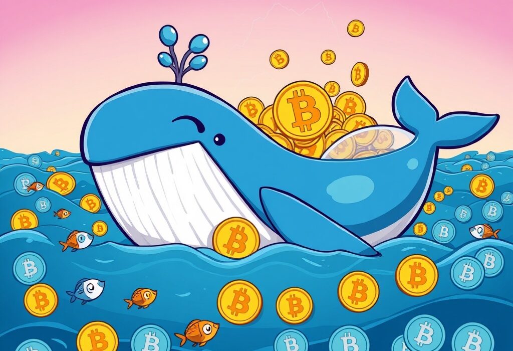 A cartoon whale calmly accumulating Bitcoin during a market dip, illustrating the strategic moves of Bitcoin whales.