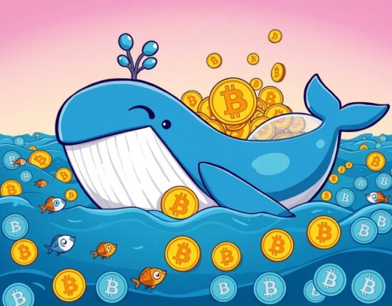 A cartoon whale calmly accumulating Bitcoin during a market dip, illustrating the strategic moves of Bitcoin whales.