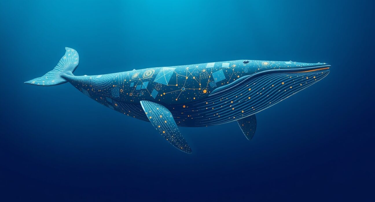 Bitcoin whale accumulation represented as a powerful digital whale in blockchain-infused waters.